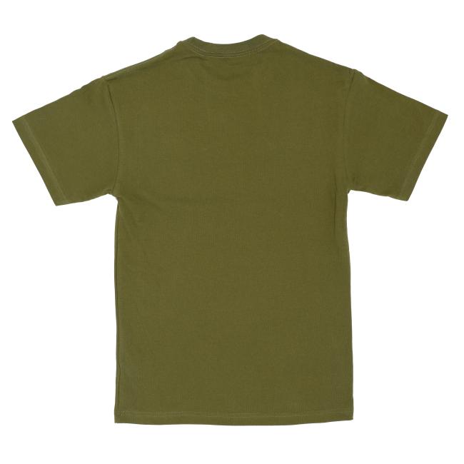 The Green Skull Explore Goodness Tee by GO WEST T-SHIRT COMPANY is a plain dark green unisex cotton shirt, displayed from the back and laid flat on a white background.