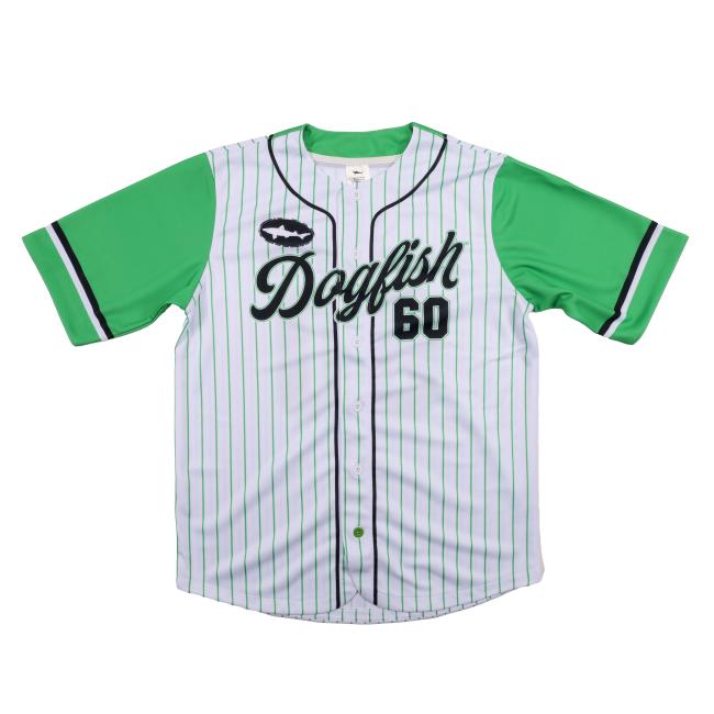 The In Your Face Apparel Green Striped Baseball Jersey features thin green pinstripes, green sleeves, black trim, "Dogfish 60" front text, and a fish logo—ideal brewery gear for Dogfish Head 60 Minute IPA fans.