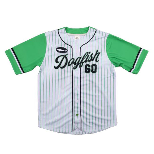 The In Your Face Apparel Green Striped Baseball Jersey features thin green pinstripes, green sleeves, black trim, "Dogfish 60" front text, and a fish logo—ideal brewery gear for Dogfish Head 60 Minute IPA fans.