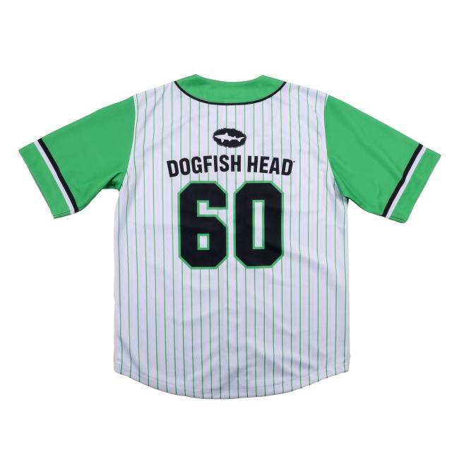 The Green Striped Baseball Jersey by In Your Face Apparel features white fabric, green sleeves, vertical pinstripes, and "DOGFISH HEAD" above a bold black 60 on the back—an ideal brewery apparel choice for Dogfish Head fans.