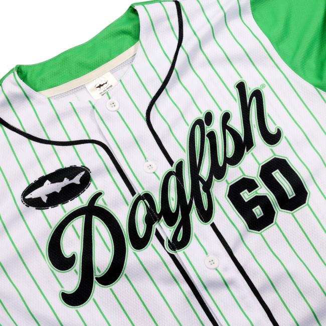 The Green Striped Baseball Jersey by In Your Face Apparel features green pinstripes, green sleeves, a bold "Dogfish" script, number 60, and a black fish logo—paying tribute to 60 Minute IPA. Perfect brewery apparel for fans.