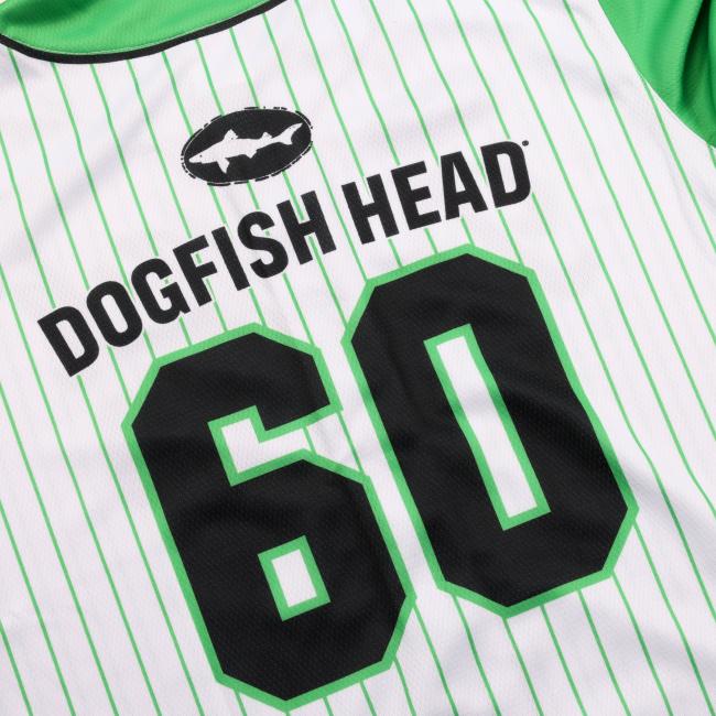 The Green Striped Baseball Jersey by In Your Face Apparel features white and green pinstripes, the number 60 in black, and DOGFISH HEAD above it—a great brewery apparel pick for fans of 60 Minute IPA.