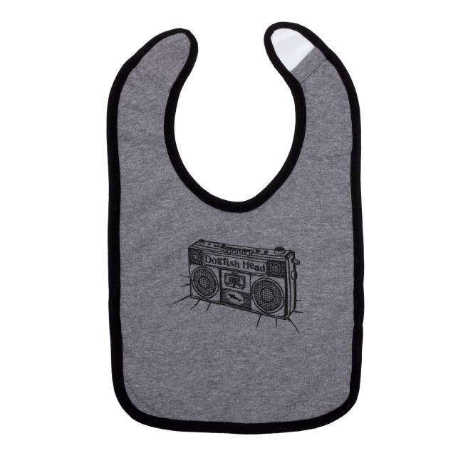 The Grey Boombox Bib by GO WEST T-SHIRT COMPANY is a gray, washable cotton toddler bib with black trim, featuring a black retro boombox line drawing labeled "Dogfish Head" on the front.