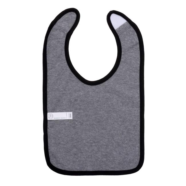 The GO WEST T-SHIRT COMPANY Grey Boombox Bib is a washable cotton toddler bib in gray with black trim and a rounded neckline, shown flat on a white background. A small white tag with text is sewn on the left side.