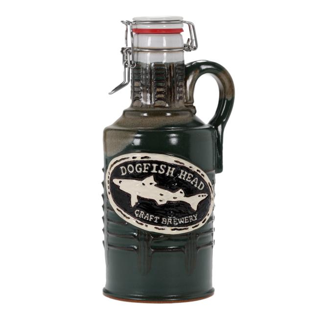 The Hunter Green Ceramic Growler by Romanick Pottery features a handle, metal latch cap, and an oval Dogfish Head logo label on the front.