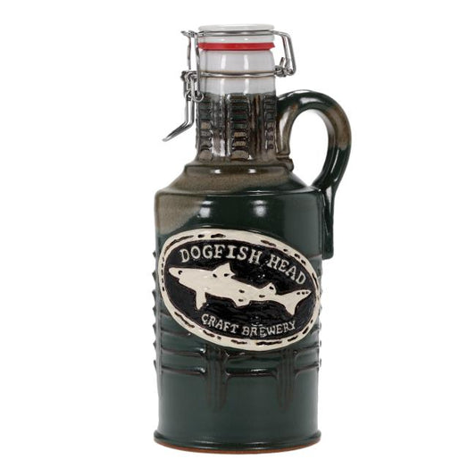 The Hunter Green Ceramic Growler by Romanick Pottery features a handle, metal latch cap, and an oval Dogfish Head logo label on the front.