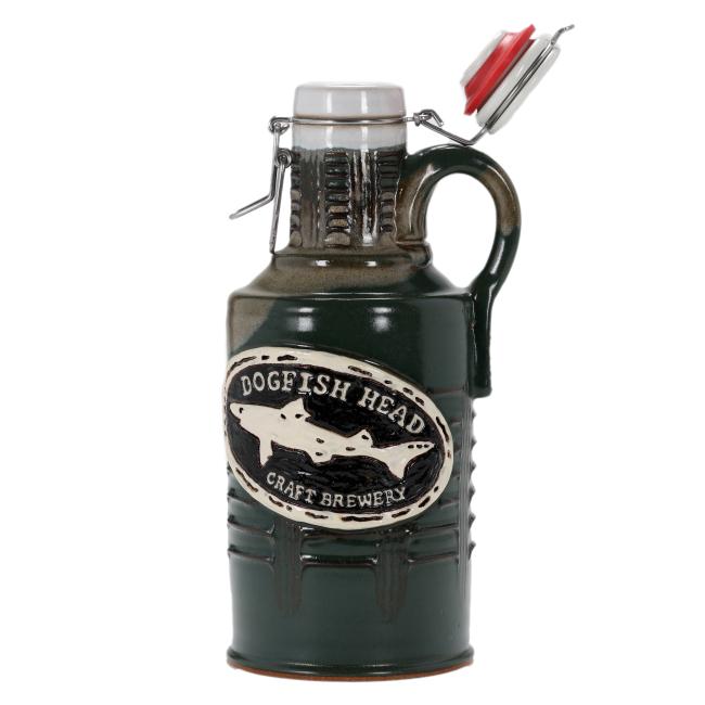 The Hunter Green Ceramic Growler by Romanick Pottery features a handle, hinged flip-top lid, and the Dogfish Head logo on the front. This handcrafted growler highlights exceptional Romanick Pottery craftsmanship.