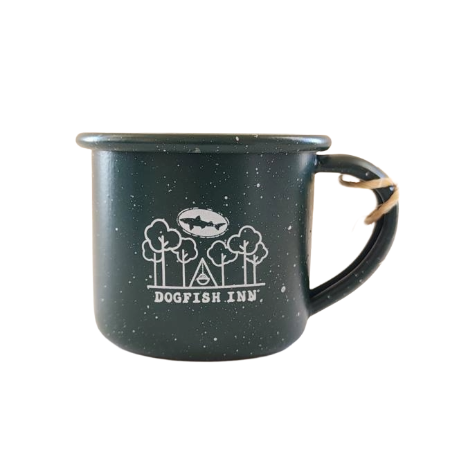 Green mug ornament with a brown string on the handle to hang. Mug features white imagery of trees and a Dogfish Head shark and shield logo, below all is writing "Dogfish Inn".