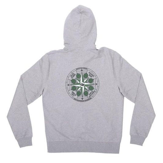 The INN Heather Grey Compass Zip Hoodie by GO WEST T-SHIRT COMPANY is made from organic French Terry cotton. Laid flat, it showcases a circular back graphic with green geometric patterns and black text, inspired by Dogfish Head.