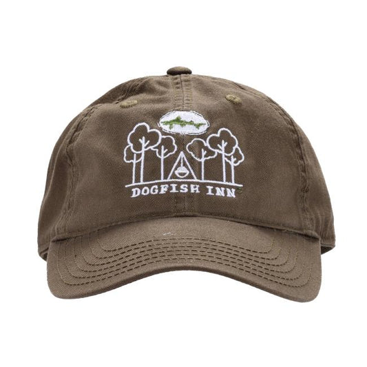 The L2 Brands INN Olive Dad Hat features white embroidered trees, DOGFISH INN text, an off-centered INN, and a small green fish logo above the trees on the front. It includes an adjustable strap for a comfortable fit.