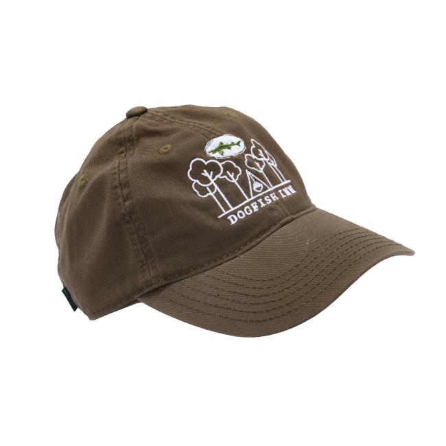 The INN Olive Dad Hat by L2 Brands features embroidered white trees, a green fish logo, and "DOGFISH INN" on the front, plus an adjustable strap for comfort.