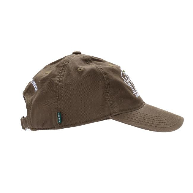 A brown INN Olive Dad Hat by L2 Brands viewed from the side, featuring a curved brim, visible stitching, adjustable back strap, a small green side tag, and an off-centered white INN embroidered design on the front.