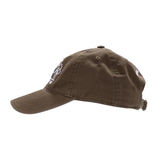 INN Olive Dad Hat by L2 Brands, pictured in a side profile against a white background. Features an adjustable strap back and off-centered white INN embroidery on the front and side.