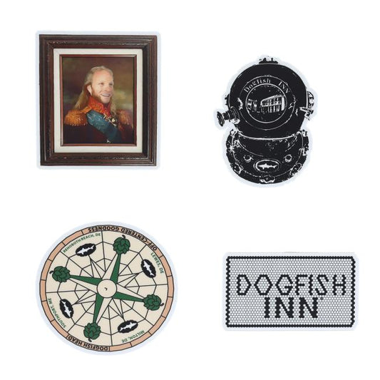The INN Sticker Pack by Arrasmith Promotions LLC includes four unique stickers: a historical portrait, vintage diving helmet with Dogfish text, clover compass, and a Dogfish Head Inn sign—ideal for sticker fans.