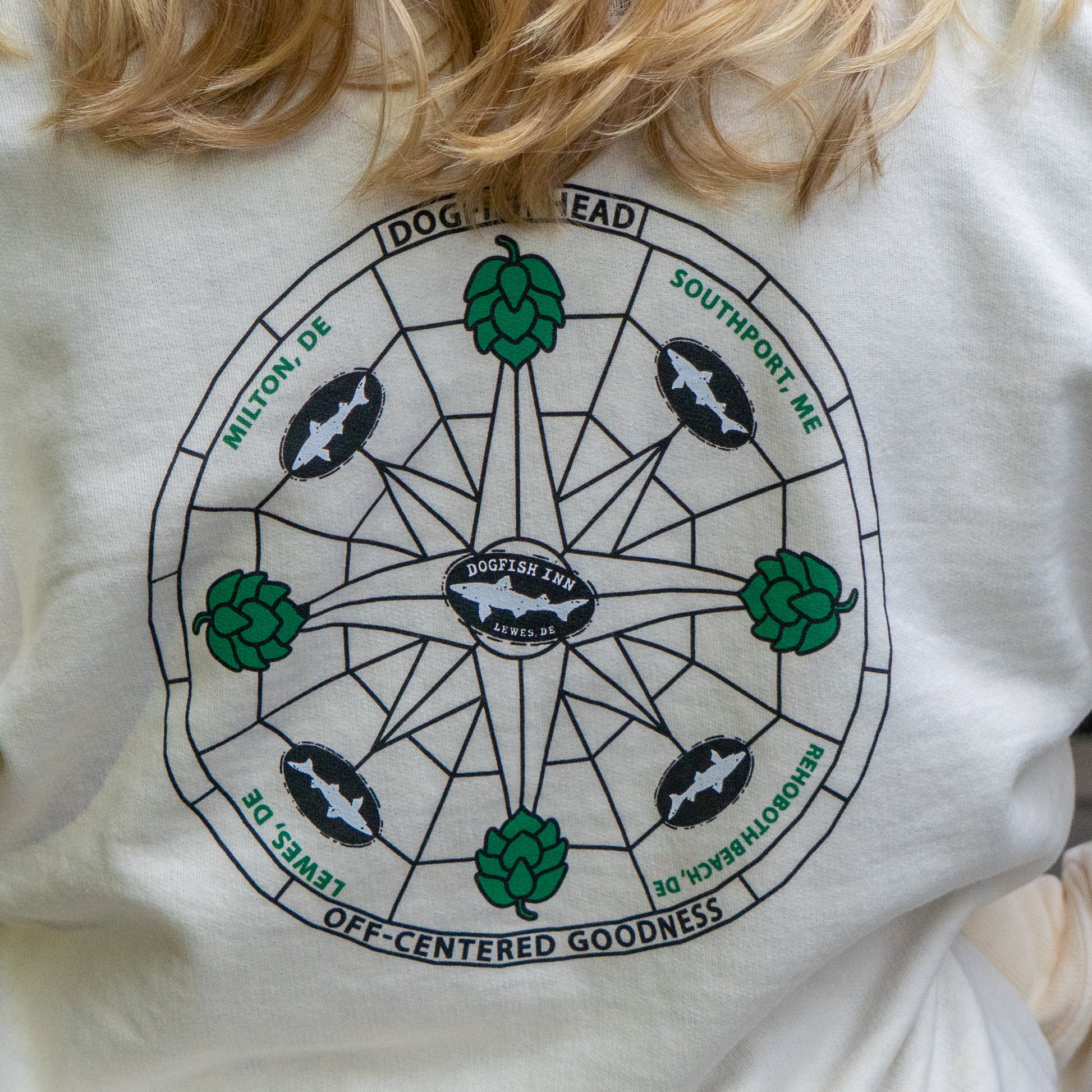 A person wearing the GO WEST T-SHIRT COMPANY Inn Cream Compass Crew: a ring-spun cotton shirt with a compass design, Dogfish Head logos, locations (Milton, DE; Southport, ME; Rehoboth Beach, DE; Lewes, DE), and “Off-Centered Goodness.”.
