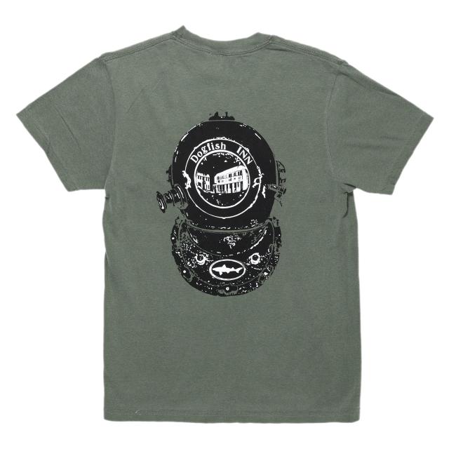 Moss green tee features a black diver helmet on the back with writing "Dogfish Head INN" on it and the Dogfish Head shark and shield logo on the bottom of it. The center where one would look through features imagery of a building.