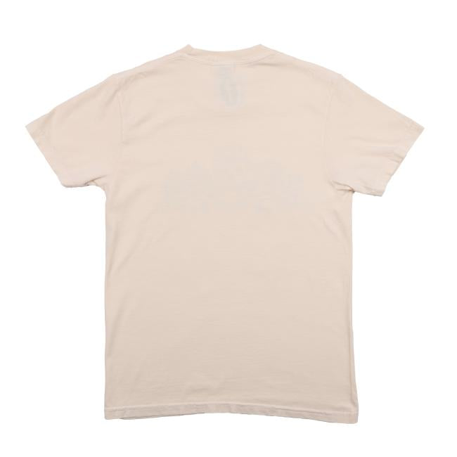 The Ivory Explore Goodness Skull Short Sleeve Tee by GO WEST T-SHIRT COMPANY is a unisex cotton t-shirt in light beige, shown from the back on a white background.