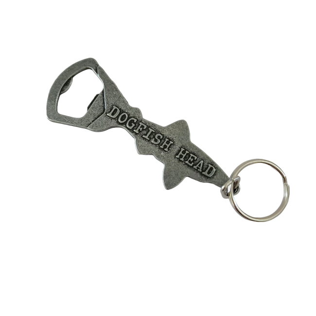 Silver keychain opener shaped as a shark with writing "Dogfish Head" on it.