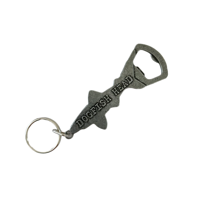 Silver keychain opener shaped as a shark with writing "Dogfish Head" on it.