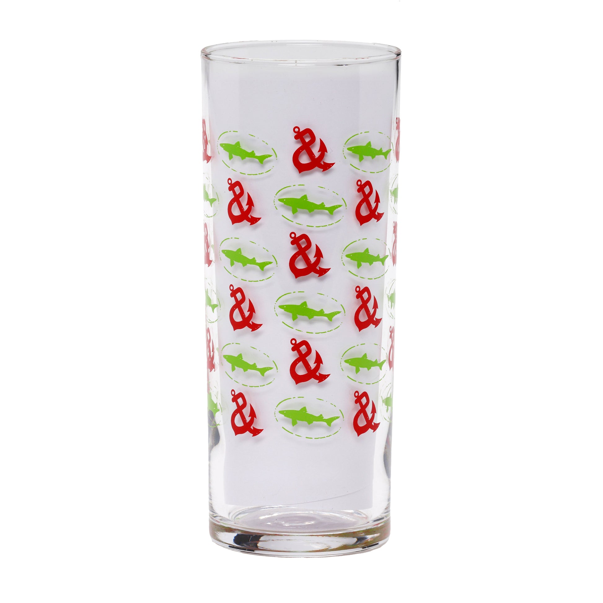 The empty Lime and Pink Collins Glass by Grandstand Glassware & Apparel features alternating rows of pink anchors and lime green sharks in a repeating pattern—perfect for beach drinks. Shown against a plain white background.