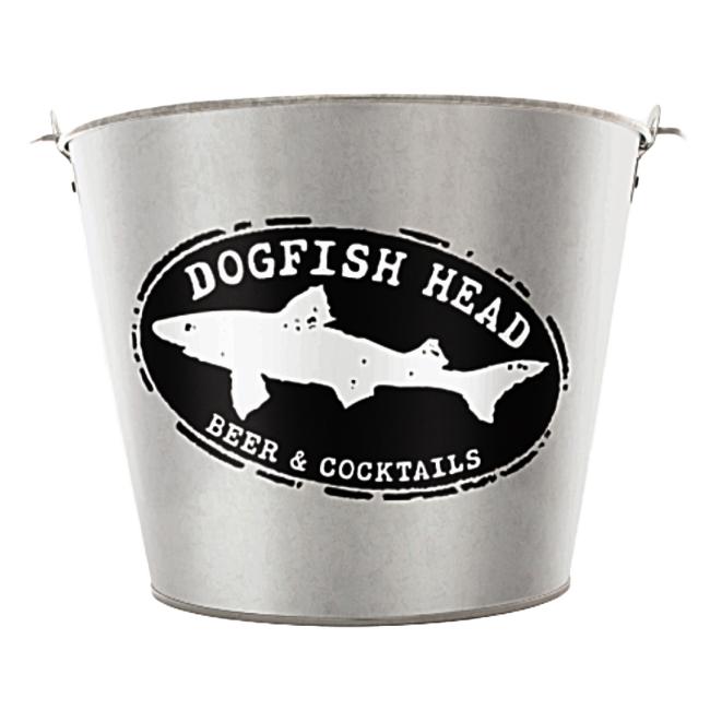 The Merchtank Logo Ice Bucket is a silver metal cooler with side handles, featuring a black oval Dogfish Head Beer & Cocktails logo with a white fish silhouette—ideal for keeping drinks cold at your summer gatherings.