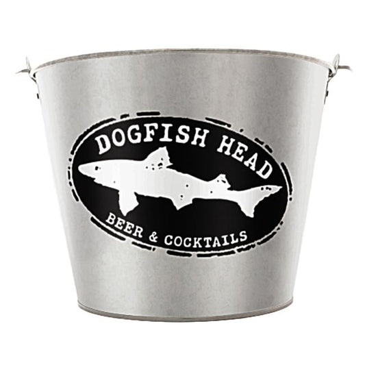 The Merchtank Logo Ice Bucket is a silver metal cooler with side handles, featuring a black oval Dogfish Head Beer & Cocktails logo with a white fish silhouette—ideal for keeping drinks cold at your summer gatherings.
