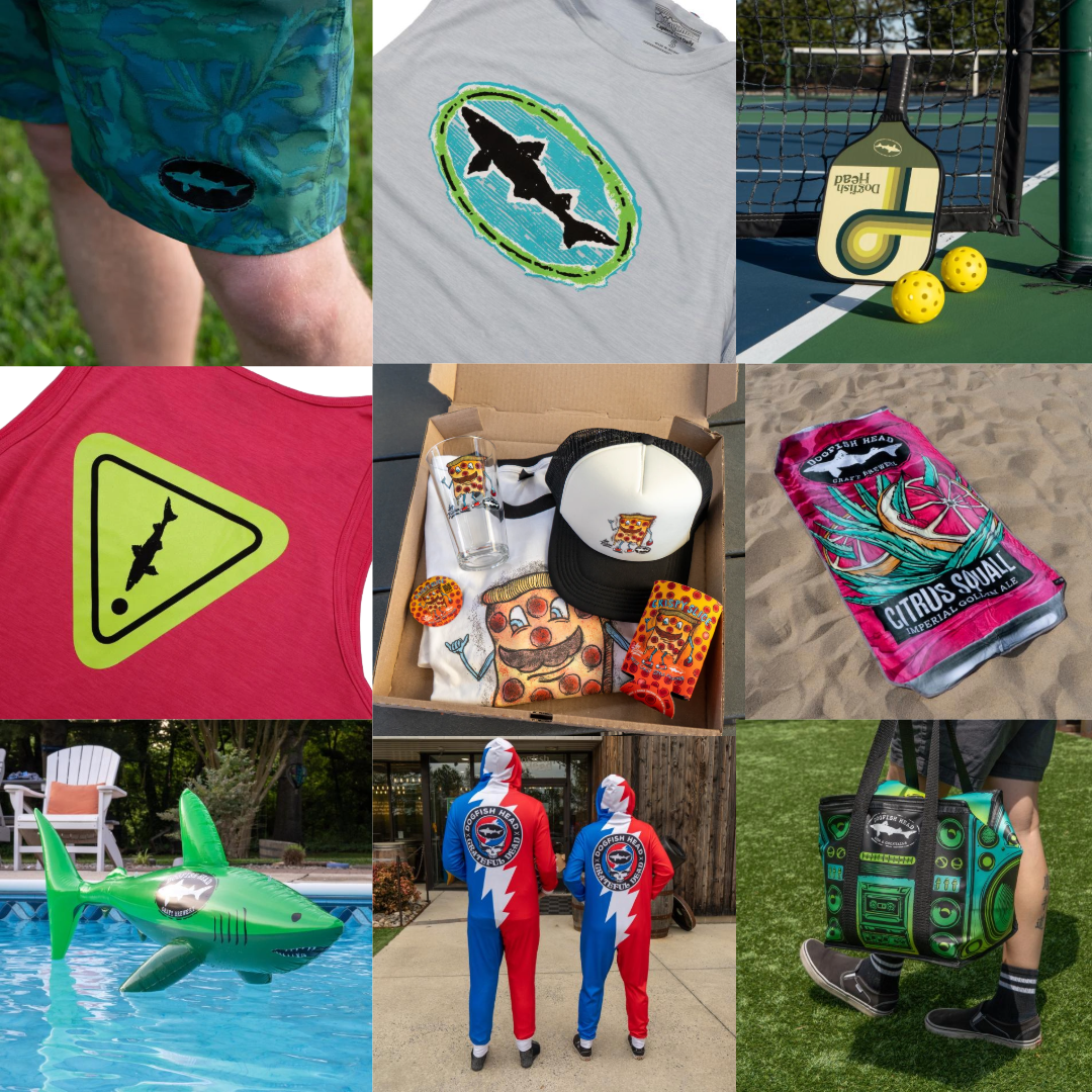 Collage of various shark-themed products including t-shirts, a bag, and inflatable shark toy.