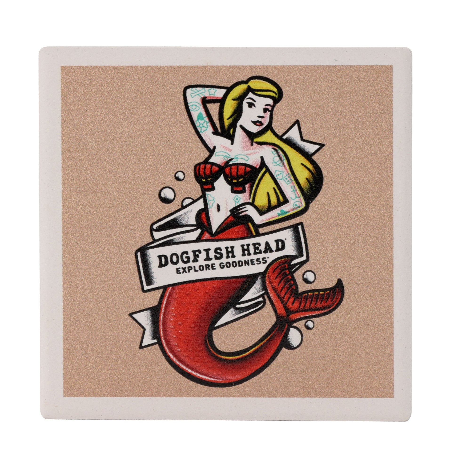 Mermaid Ceramic Coaster by Paint the Town, Inc. features a blonde mermaid with a red tail holding a "Dogfish Head Explore Goodness" banner on a beige background—ideal as an absorbent stone coaster.