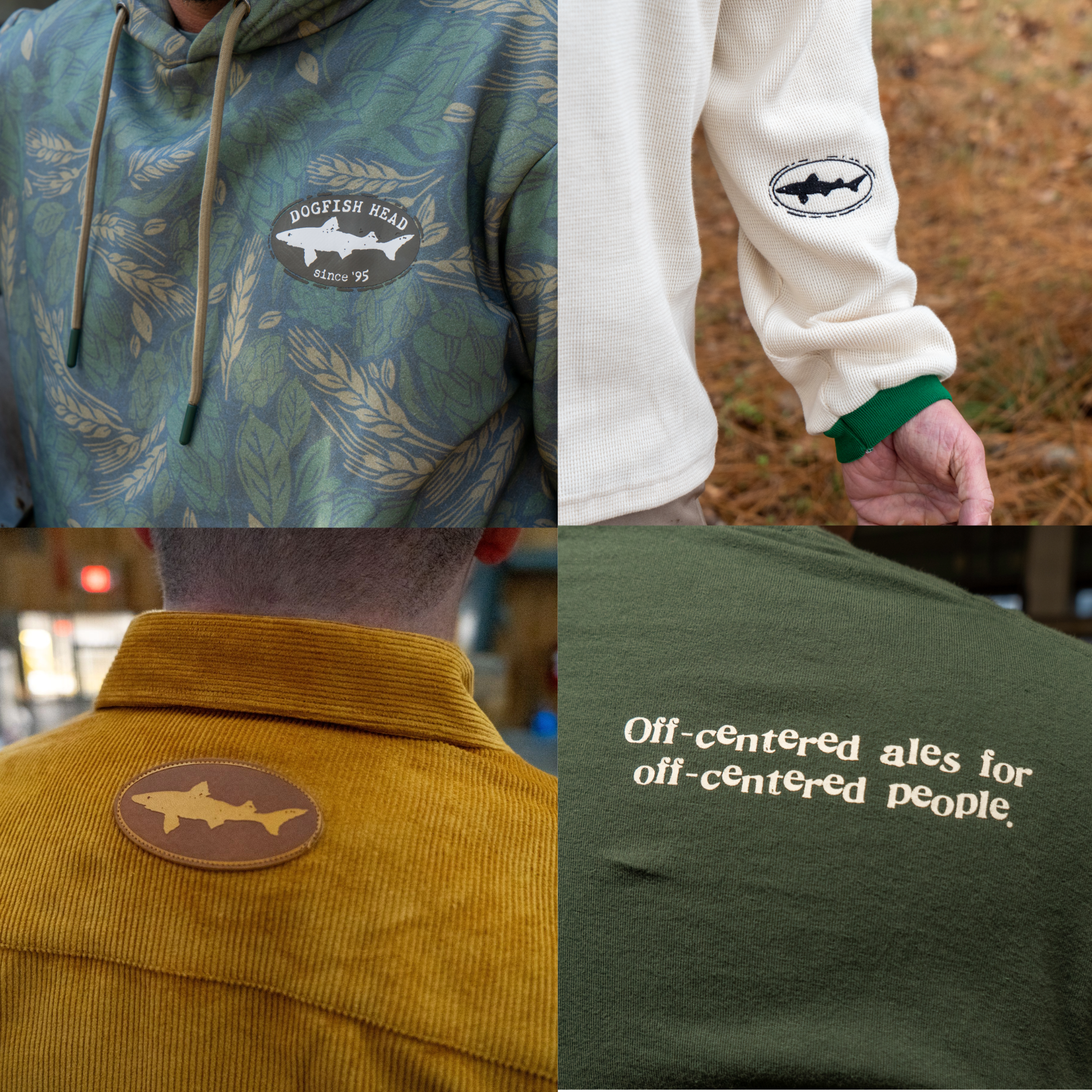 Collage of images featuring Dogfish Head logo placement on different apparel items