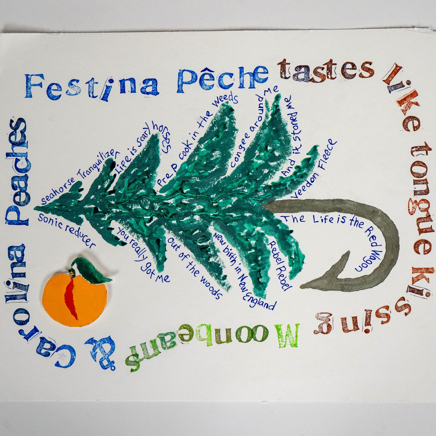 Festina Peche hand-pulled screen print poster featuring a stylized green tree, peach illustration, and circular typography reading song lyrics