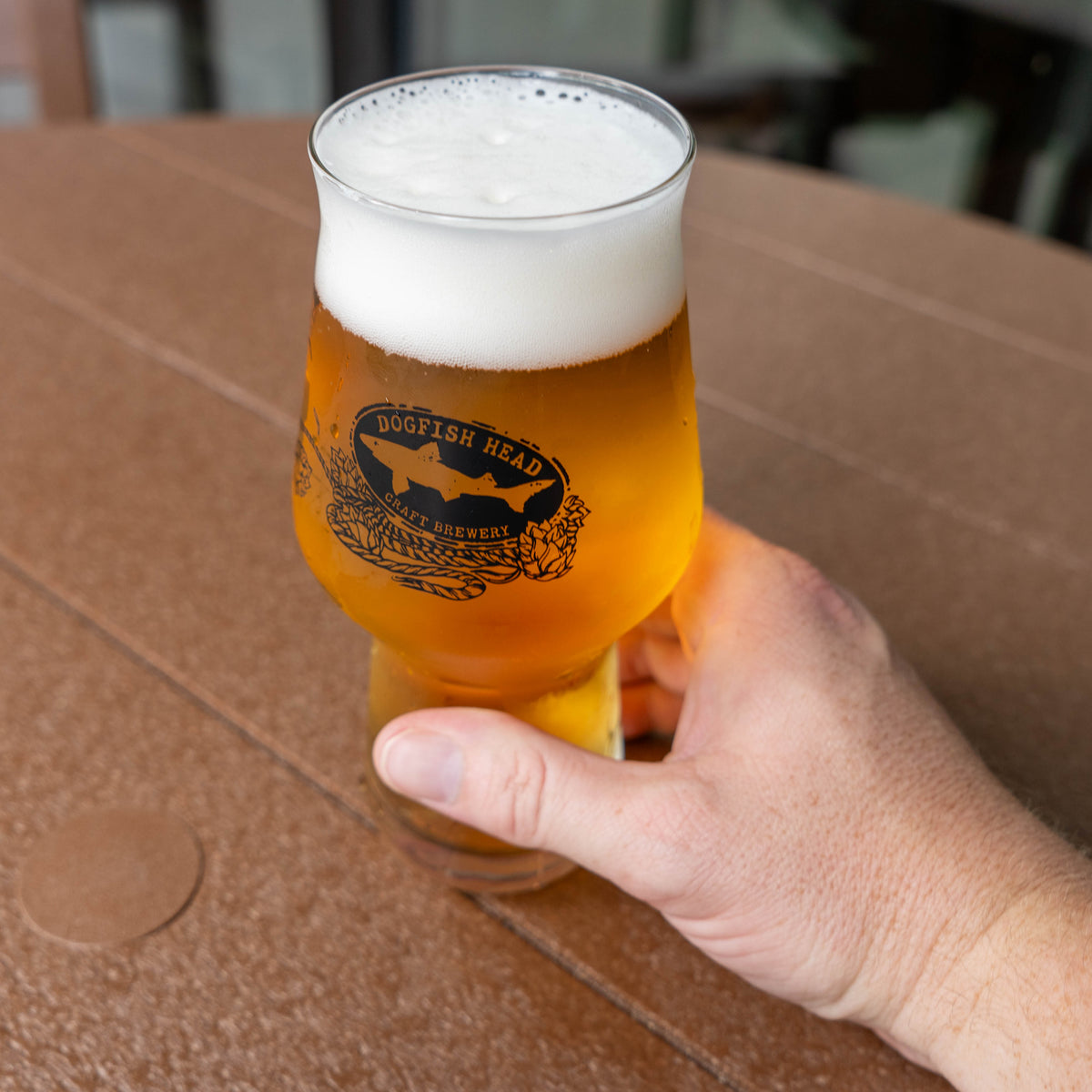A hand holds an Anchor IPA Glass filled with beer and a foamy head.