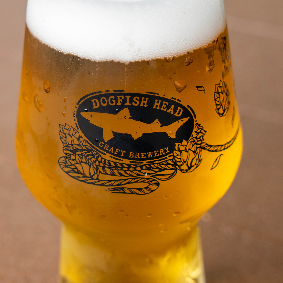 A glass of pale IPA beer in an Anchor IPA Glass with a thick white head, featuring a black Dogfish Head Craft Brewery shark logo surrounded by a hop motif of illustrations of hops and rope.