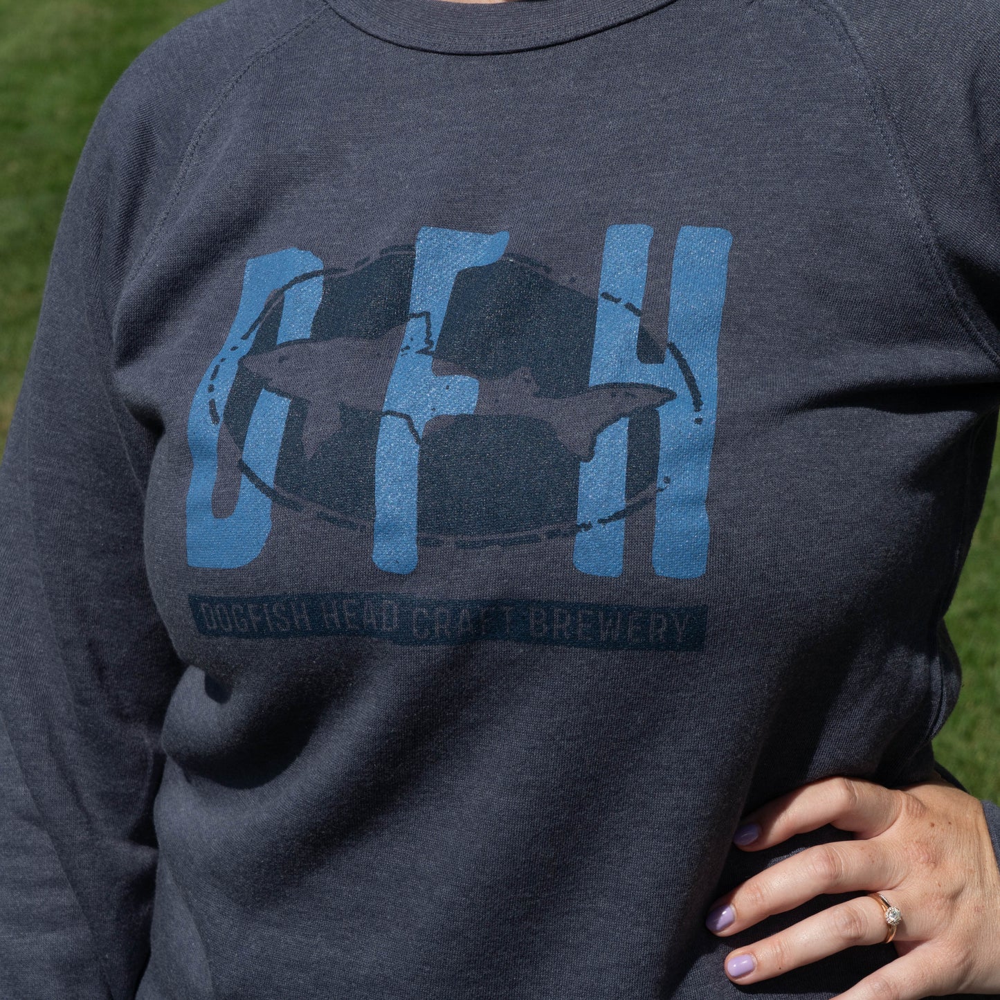 A close-up of a person wearing a dark heather gray sweatshirt with a blue distressed graphic reading 'DOGFISH HEAD CRAFT BREWERY' and a fish silhouette, photographed outdoors on grass.