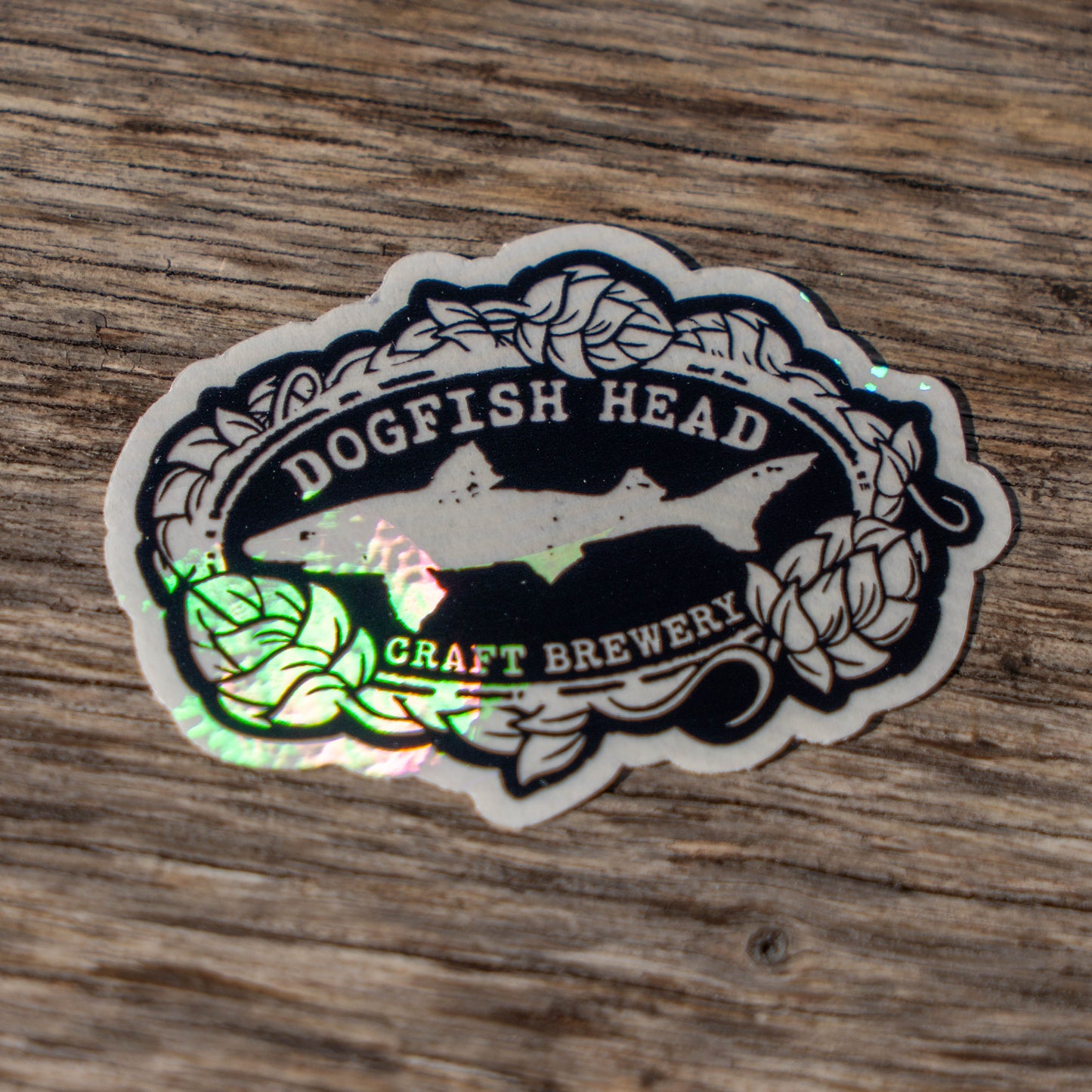 Dogfish Head Craft Brewery logo on a wooden surface