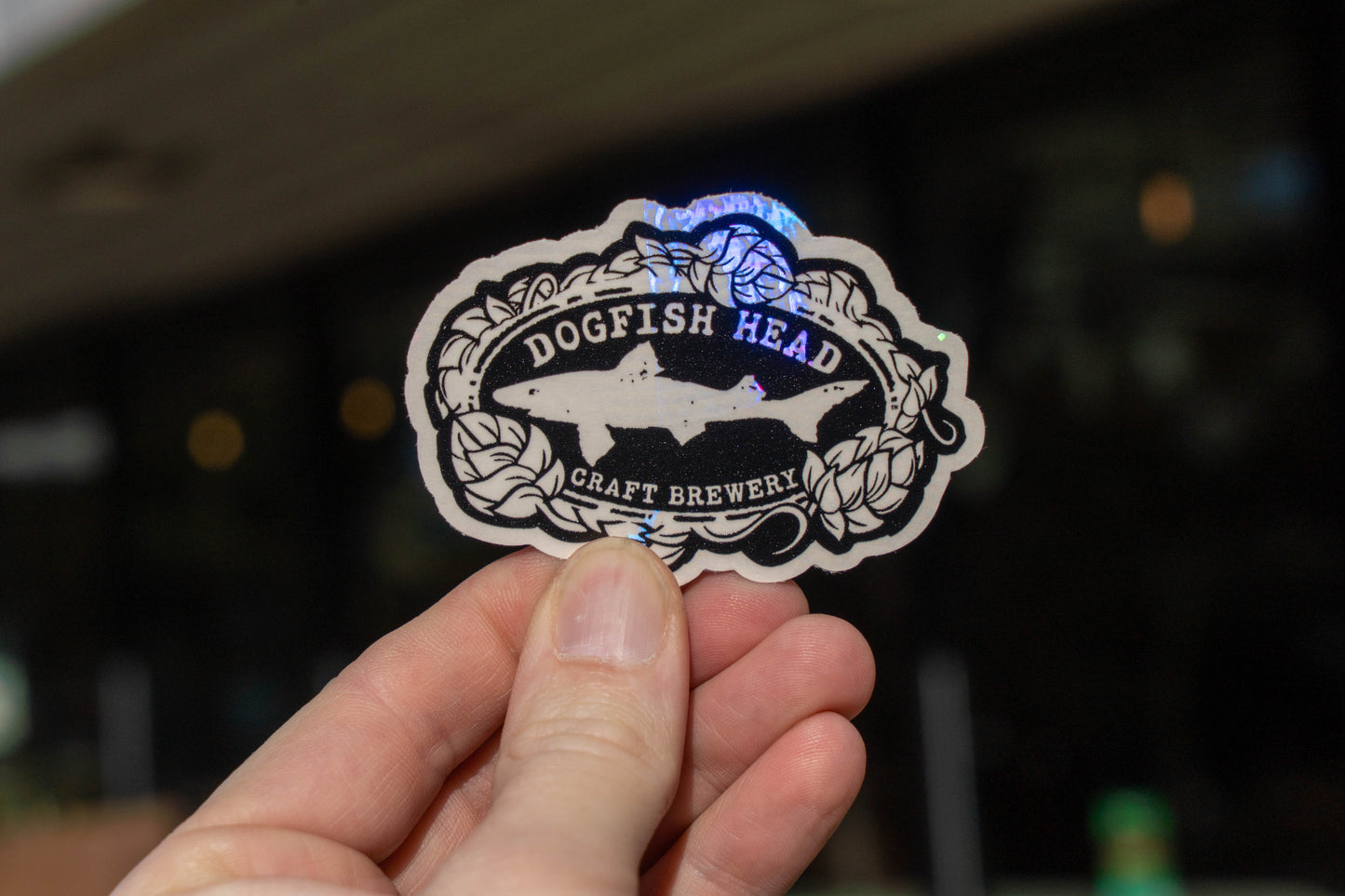 Hand holding a Dogfish Head Craft Brewery sticker against a blurred background