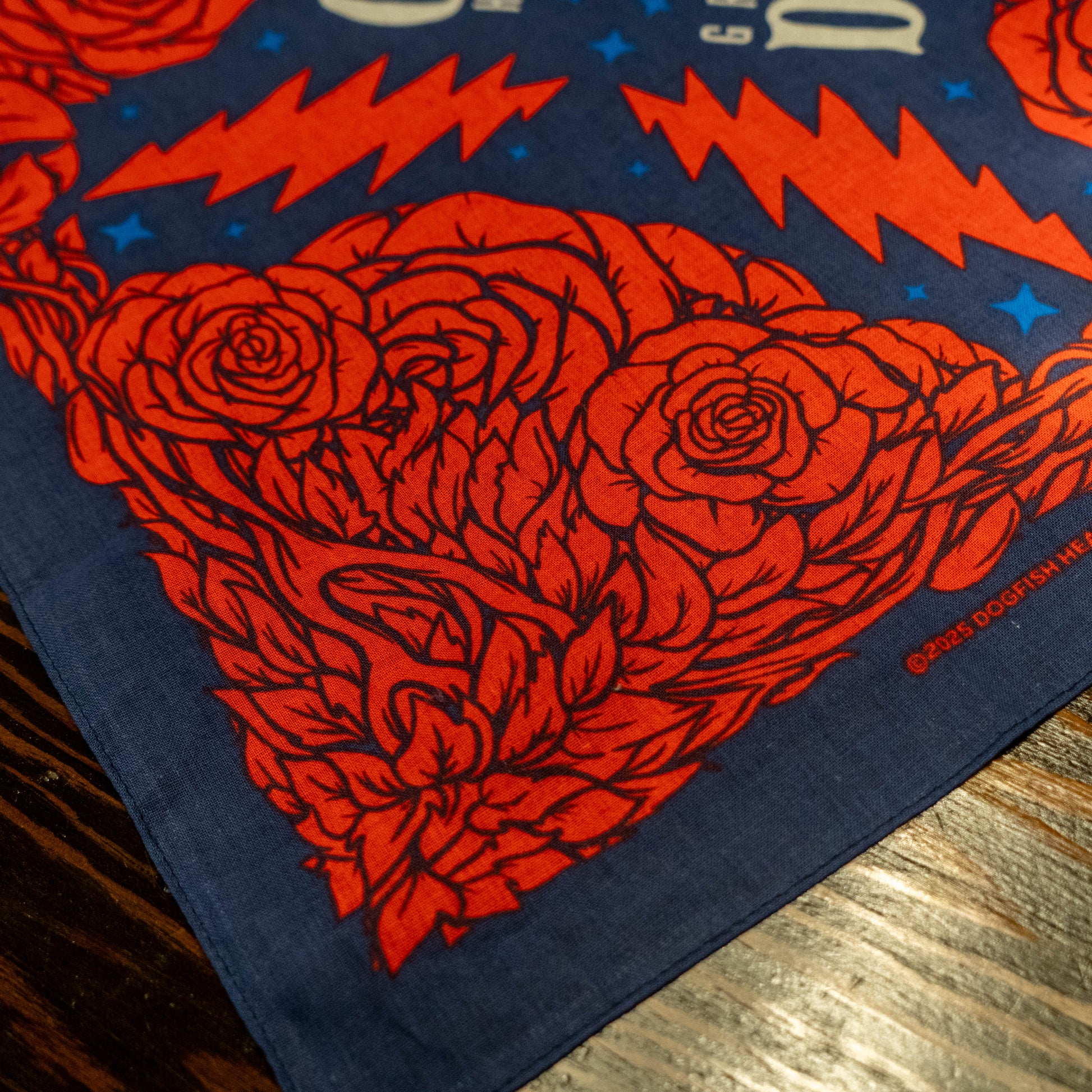 Dogfish Head x Grateful Dead Navy Bandana with scarlet begonia red accents and designs.