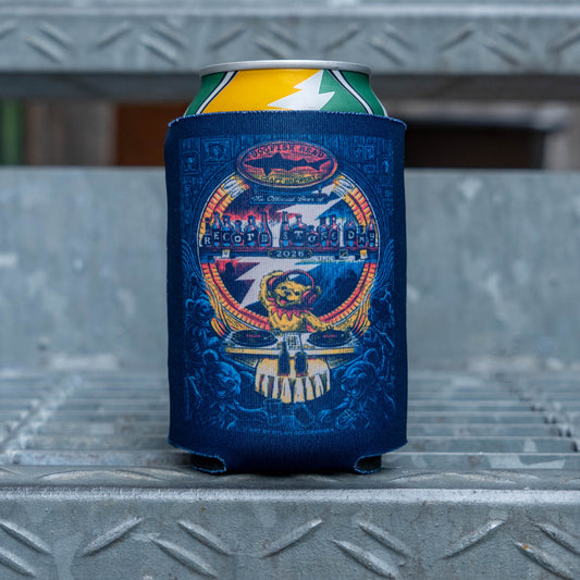 Back design of Dogfish Head x Grateful Dead Record Store Day can cooler featuring colorful psychedelic bear DJ artwork inspired by Grateful Dead 