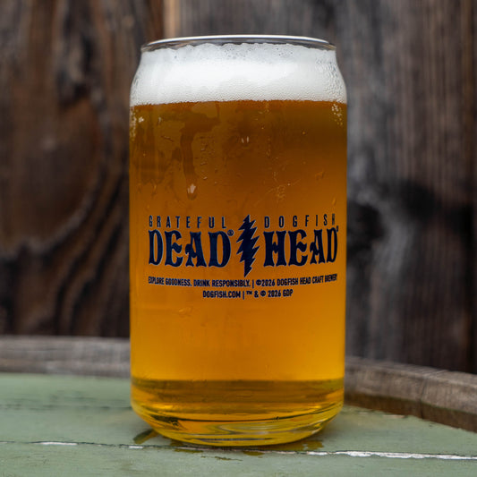 Dogfish Head x Grateful Dead 2026 Record Store Day can glass with bold printed logo and golden beer.