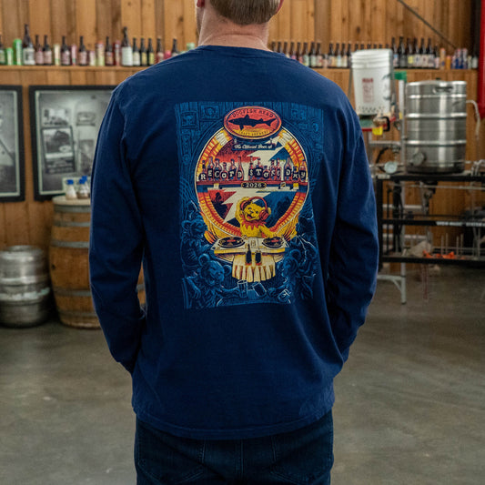 Back view of Dogfish Head x Grateful Dead RSD navy long sleeve tee worn by model, showcasing full-color Record Store Day–inspired illustration