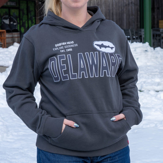 Onyx black hoodie with "Dogfish Head, Explore Goodness, Est. 1995" and a classic Dogfish Head logo styled in white on the left and right chest. "DELAWARE" is designed in large navy text with white outline across the center of the hoodie.