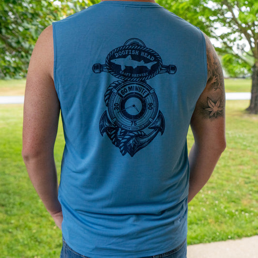 Patagonia sleeveless Cap Cool Daily shirt in blue with Dogfish Head 60 Minute IPA anchor graphic, lightweight performance tank back view outdoors