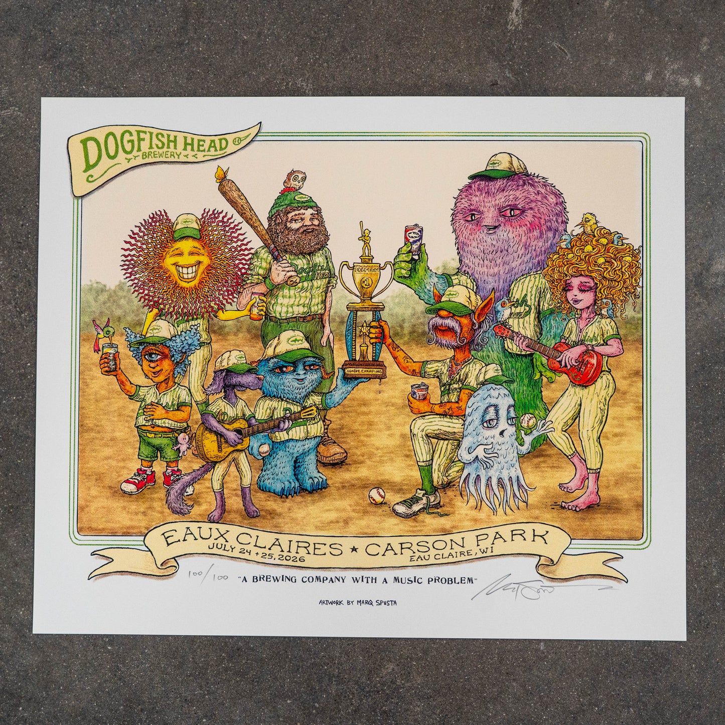 The League Champions Limited-Edition Print by Marq Spusta showcases a vibrant scene of six whimsical, furry creatures dressed in baseball uniforms and holding a trophy on the field, with a Dogfish Head Brewery sign and Eaux Claires Carson Park event details below—creating a unique collectible artwork from Marq Spusta.