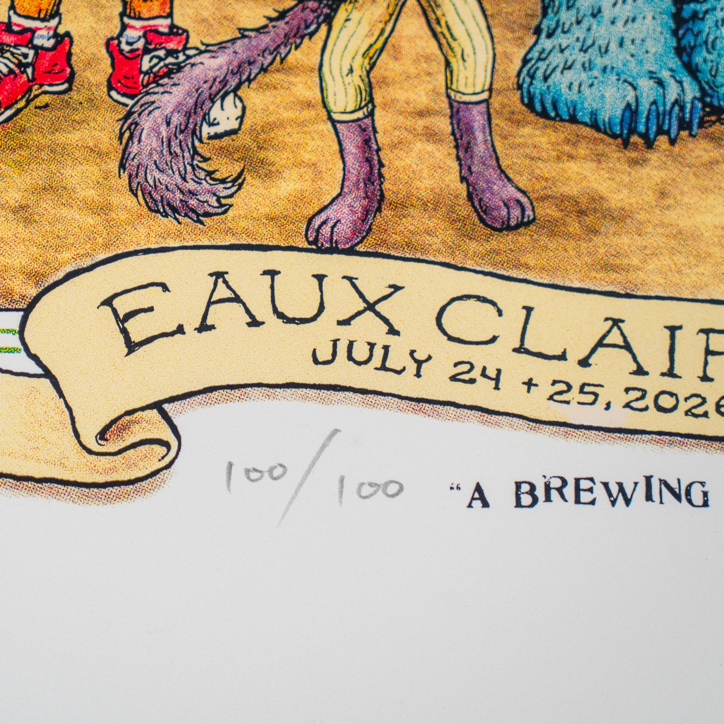 A close-up of the League Champions Limited-Edition Print by Marq Spusta features animal legs above a scroll that reads EAUX CLAIR JULY 24+25, 2020, along with handwritten details showing 100/100 and part of the phrase A BREWING. Designed by Marq Spusta, the piece hints at a Dogfish Head collaboration through its distinctive artistic style.