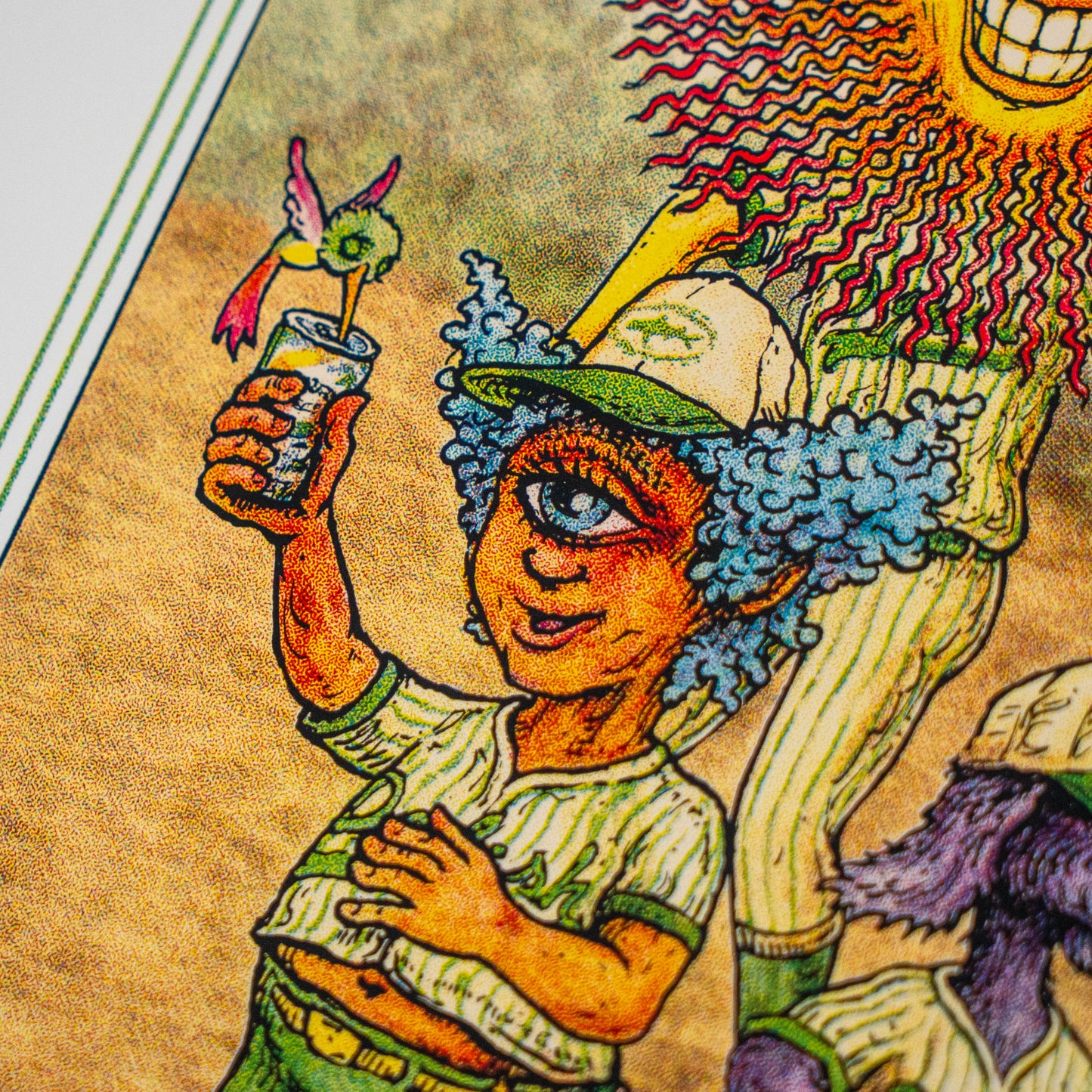 Experience the whimsical charm of Marq Spusta with the “League Champions Limited-Edition Print,” featuring a one-eyed, blue-haired character in a baseball outfit joyfully holding a bird-garnished drink, set against a radiant sun with a playful face—an imaginative collectible piece perfect for art enthusiasts and fans of Marq Spusta.