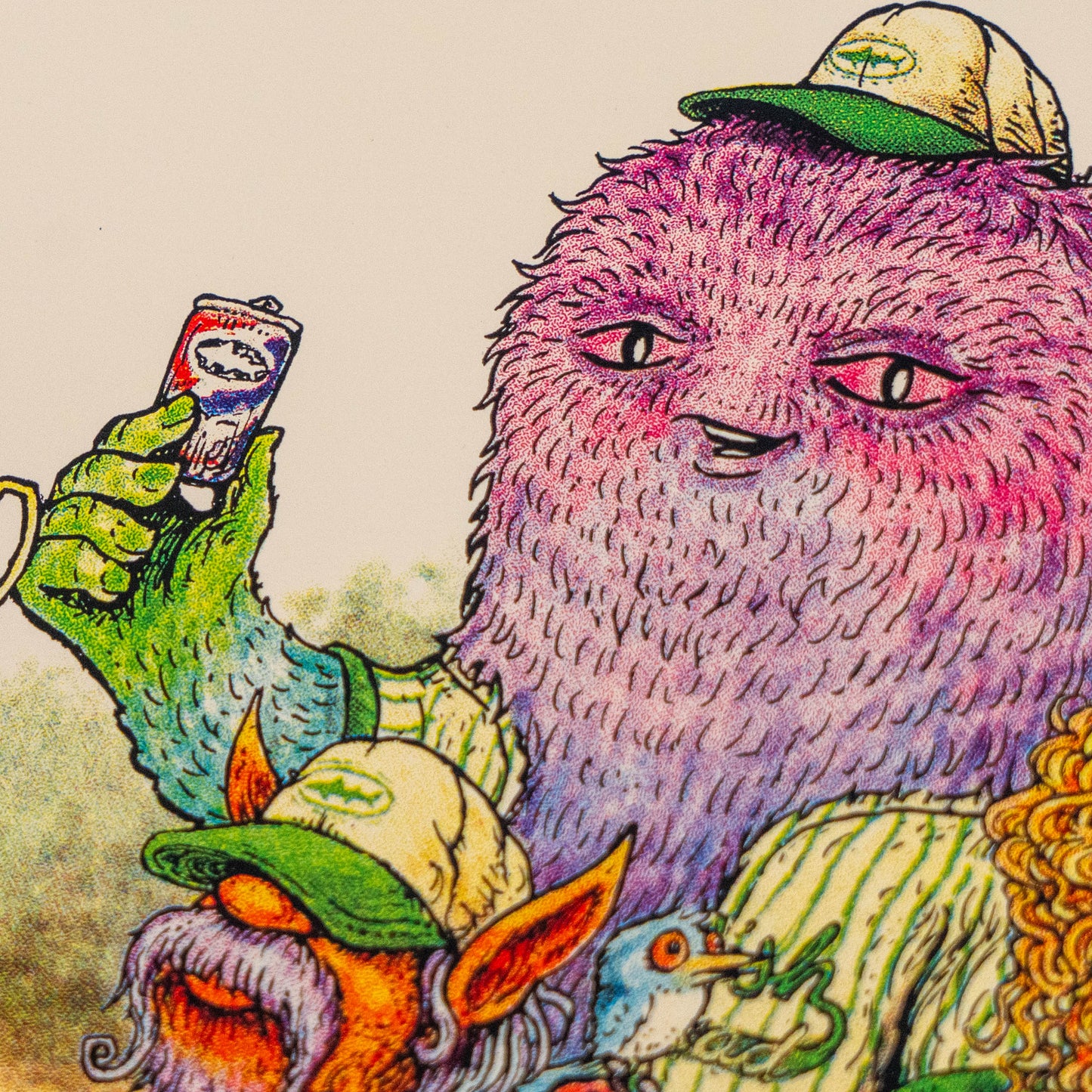 A purple, furry character cheerfully holds up a small can while sporting a green-striped shirt and matching cap—a moment captured in the League Champions Limited-Edition Print by Marq Spusta. In front, an orange-skinned figure in a green cap peeks into view. This vibrant, whimsical artwork from Marq Spusta channels the playful spirit reminiscent of Dogfish Head collaborations.