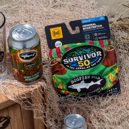 Survivor 50 x Dogfish Head green buff and a Dogfish Head Survivor 50 Coconut Etiquette hazy india pale ale can 