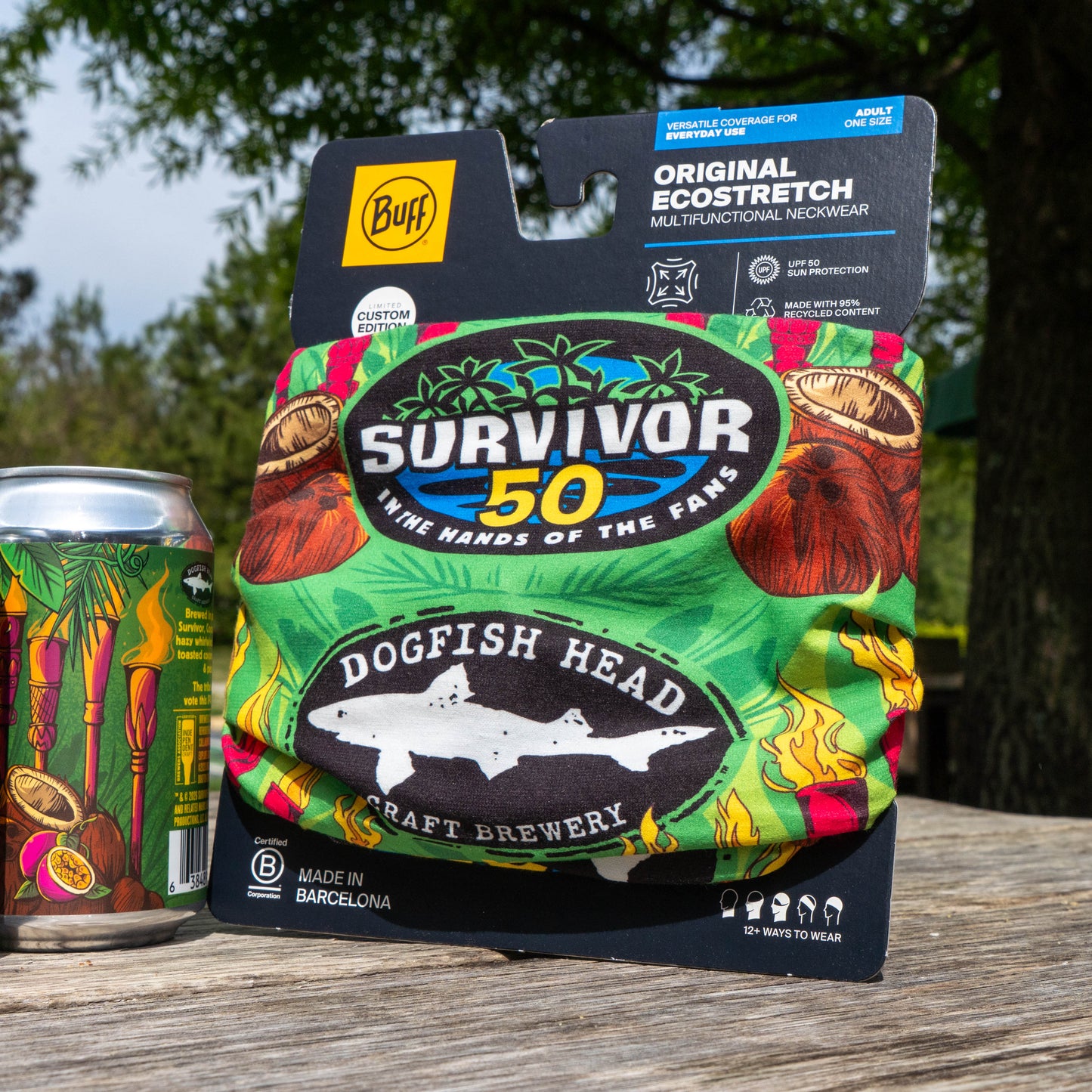 Survivor 50 x Dogfish Head green buff and a Dogfish Head Survivor 50 Coconut Etiquette hazy india pale ale can 