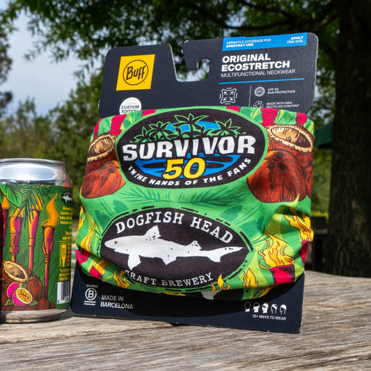 Survivor 50 x Dogfish Head green buff and a Dogfish Head Survivor 50 Coconut Etiquette hazy india pale ale can 