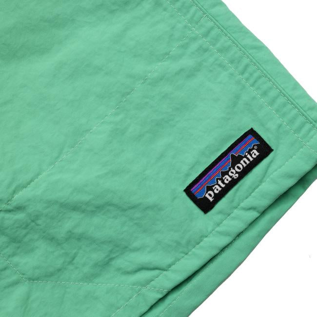 A close-up of Patagonia Green Baggies Long Shorts in light green recycled nylon, showcasing a stitched rectangular Patagonia logo patch with black, blue, purple, orange, and white near the seam.