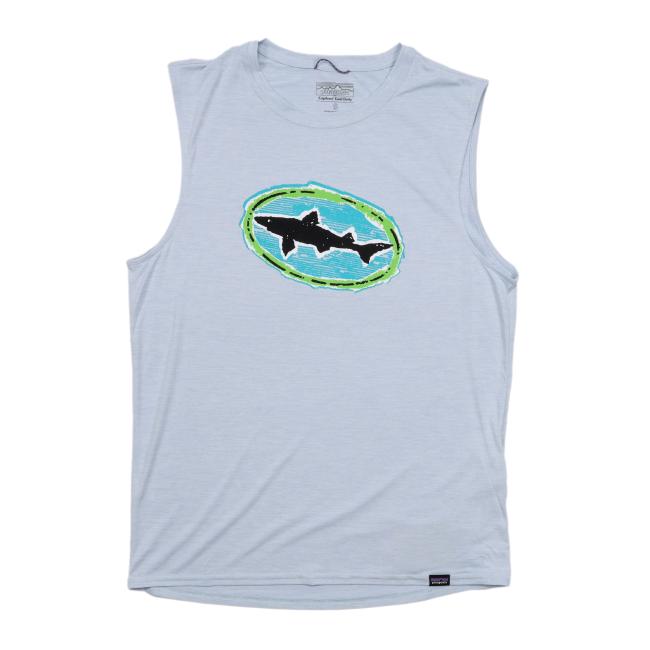 The Patagonia Light Blue Sleeveless Tank is made from recycled polyester and features a black shark silhouette in a green-bordered oval with a blue background on the chest.